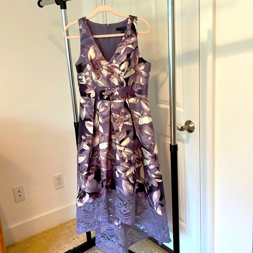 Sangria brand Women’s fit and flare/high low purple floral dress.  EUC.  Size 6P